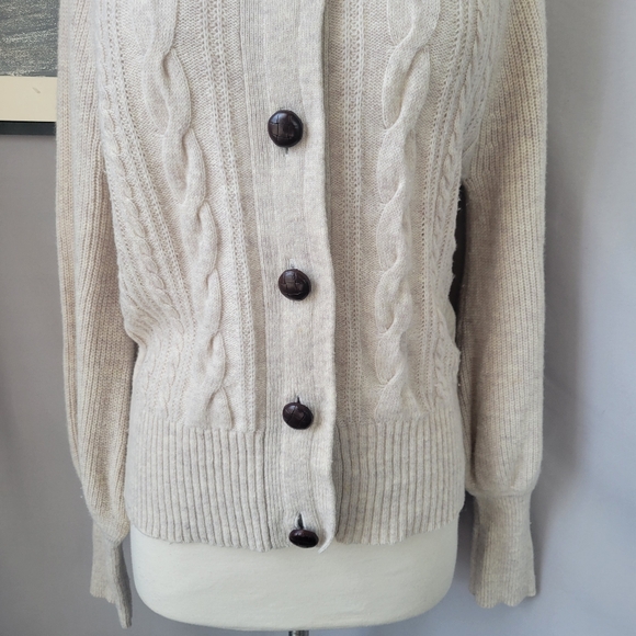 J. Crew Balloon Sleeve Cable Knit Cardigan Heather Oatmeal M - Picture 7 of 14